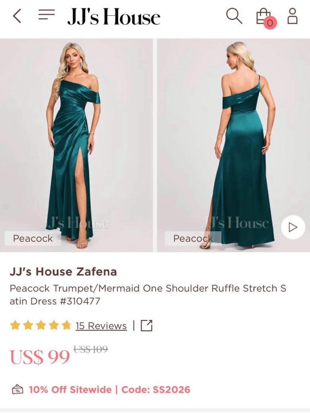 JJ's House Peacock One-Shoulder Satin Evening Dress